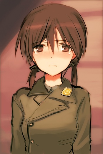brown_eyes, brown_hair, bust, commentary, commentary_request, gertrud_barkhorn, long_hair, lowres