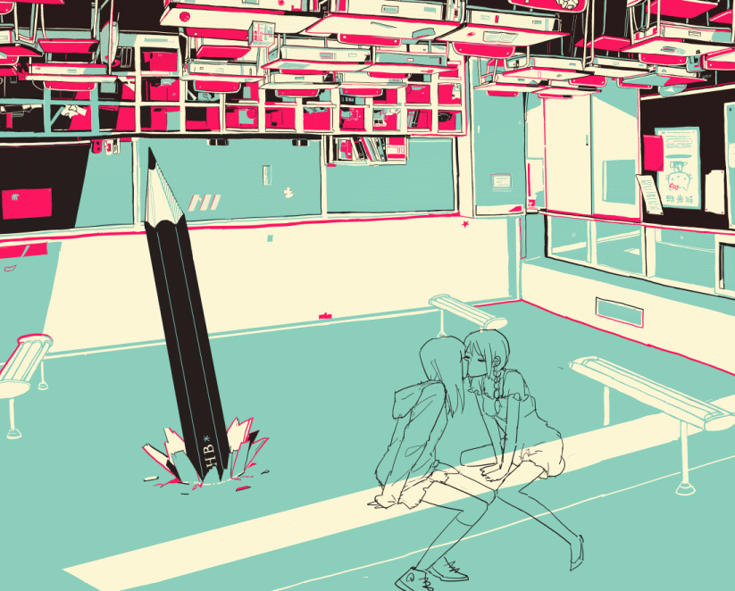ceiling, classroom, desk, hoodie, kiss, multiple_girls, nihohe, original