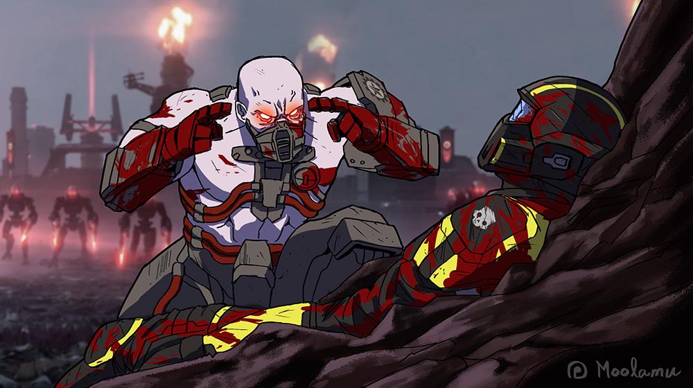 2boys, armor, artist_name, bald, blood, blood_on_hands, cracked_mask, cyborg, cyborg_(helldivers), game_screenshot_background, game_screenshot_inset, gas_mask, glowing, glowing_eyes, helldiver_(helldivers), helldivers_(series), helmet, lying, mask, meme, moolamu, multiple_boys, on_back, pauldrons, pointing, pointing_at_self, prosthesis, prosthetic_arm, red_eyes, screenshot_background, screenshot_inset, shoulder_armor, skull, squatting, think_mark_think!_(meme), topless_male