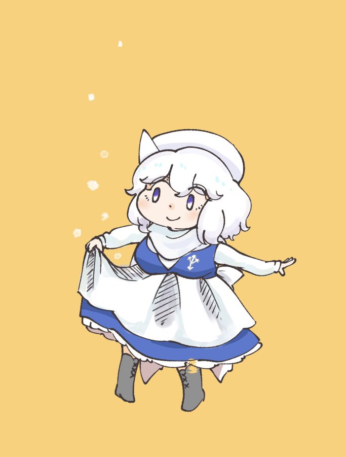 1girl, apron, blue_skirt, clothes_lift, commentary_request, full_body, lapel_pin, letty_whiterock