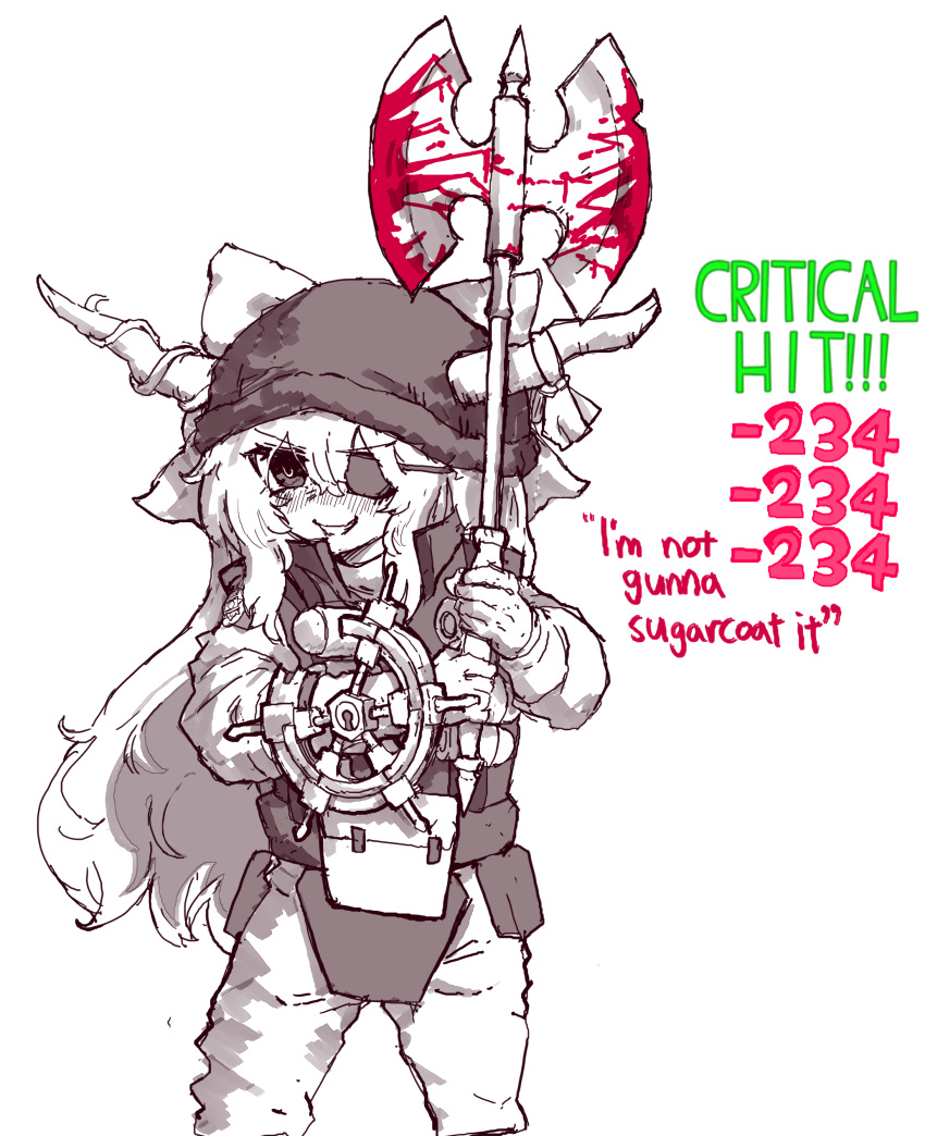1girl, absurdres, alternate_costume, axe, blood, blood_on_axe, blush, bow