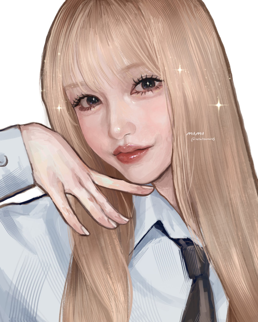 aegyo_sal, asian, black_necktie, blonde_hair, collared_shirt, commentary_request, eyelashes, highres