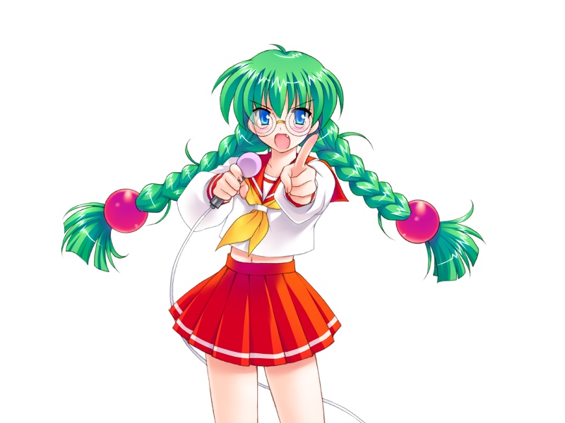 alice_soft, blue_eyes, braid, fang, galzoo_island, glasses, green_hair, kotodama