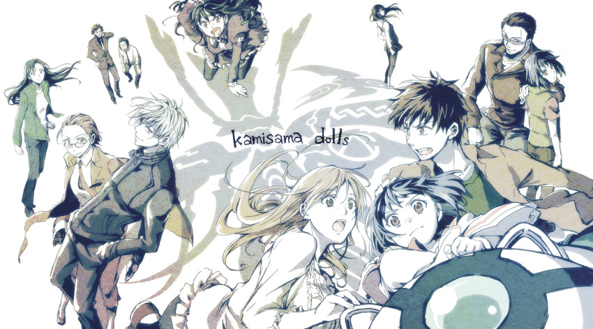 aki_(kamisama_dolls), blonde_hair, blue_hair, brown_hair, everyone, formal, glasses, hand_in_pocket