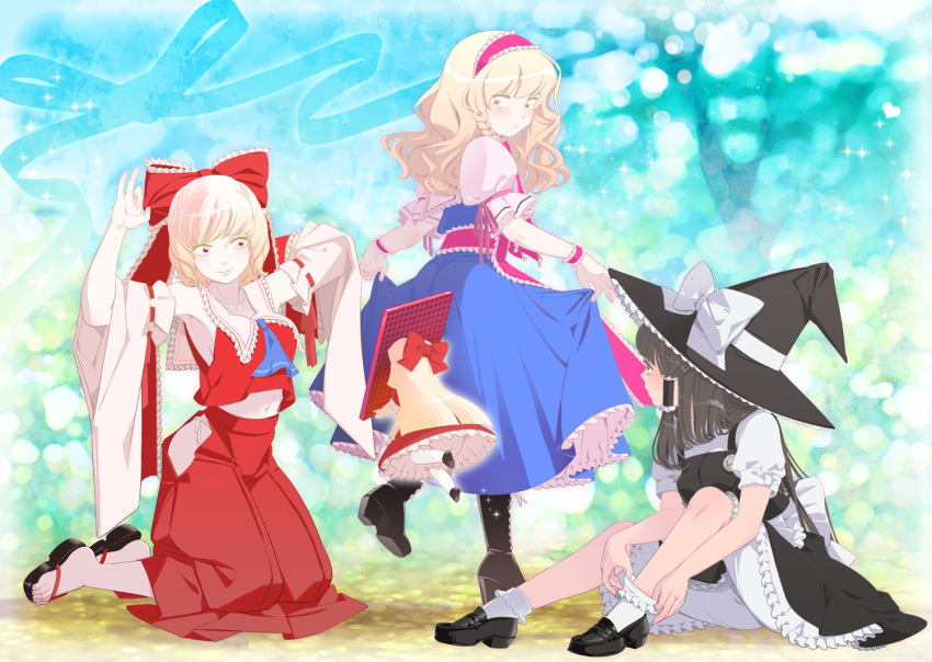alice_margatroid_(cosplay), ascot, black_hair, blonde_hair, bloomers, blush, bobby_socks, bow