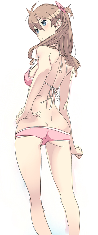 ass, blue_eyes, blush, breasts, brown_hair, butt_crack, evangelion_neon_genesis, from_behind