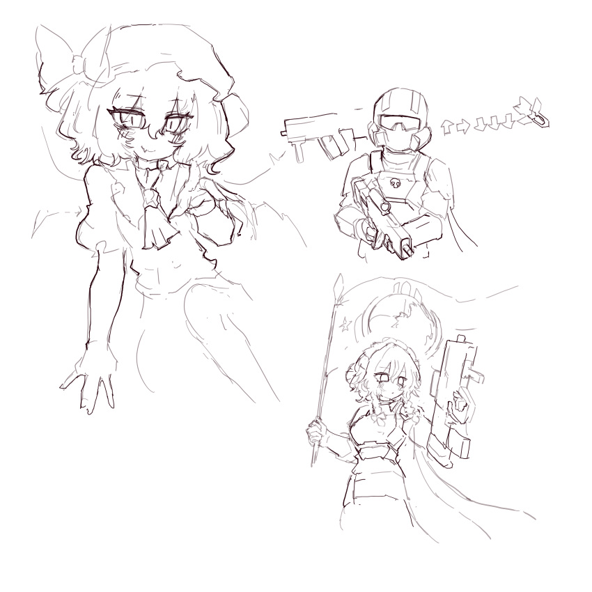 1boy, 2girls, absurdres, ar-23_liberator, armor, bow, bowtie, braid