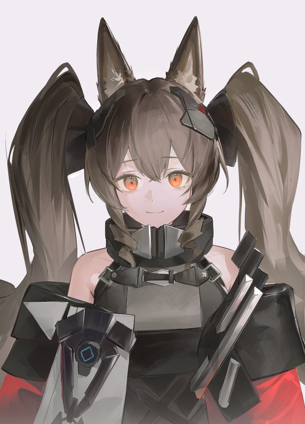 1girl, alternate_breast_size_(larger), angelina_(arknights), animal_ear_fluff, animal_ears, arknights, arknights:_endfield, arts_(90620075), bare_shoulders, belt, breasts, brown_hair, coat, commentary, dress, drill_hair, drill_sidelocks, english_commentary, fox_ears, fox_girl, gilberta_(arknights), grey_background, grey_dress, headpiece, high_belt, high_collar, highres, large_breasts, long_hair, long_sleeves, looking_at_viewer, off_shoulder, orange_eyes, red_coat, red_eyes, sidelocks, simple_background, sleeveless, sleeveless_dress, solo, twintails, upper_body