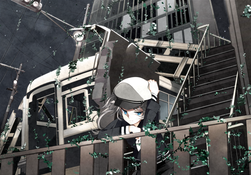 +_+, 1girl, ama_no_jaku_(vocaloid), blue_eyes, cityscape, fk, gumi, hat