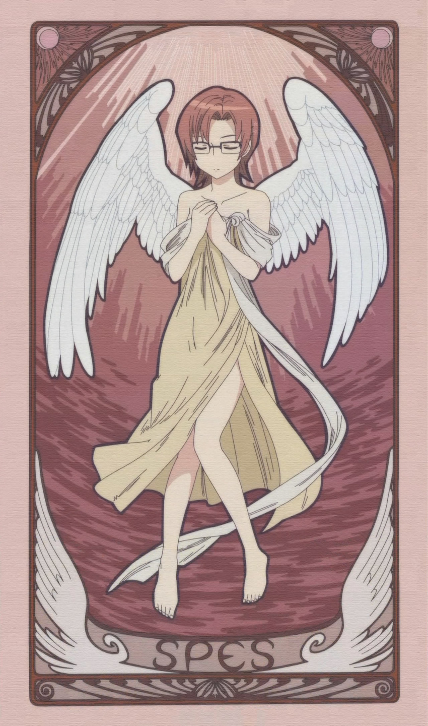 angel_wings, barefoot, card, card_captor_sakura, closed_eyes, glasses, highres, kiri_nanami