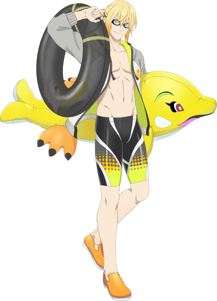1girl, artist_request, black_swim_trunks, blonde_hair, blue_eyes, collarbone, eizen_(summer_swimwear)_(tales), eizen_(tales)