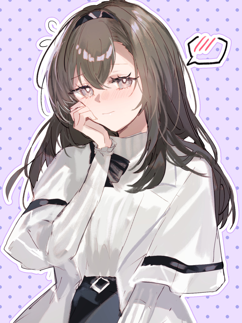 1girl, arknights, black_bow, black_hairband, black_skirt, blush, bow, breasts, brown_hair, closed_mouth, coat, commentary_request, diamond-shaped_buckle, diamond_(shape), frilled_sleeves, frills, fumi_(rdbm), hair_between_eyes, hairband, hands_on_own_face, highres, jacket, lab_coat, long_sleeves, looking_at_viewer, medium_breasts, medium_hair, open_clothes, open_jacket, priestess_(arknights), shirt, simple_background, skirt, smile, solo, sweater, turtleneck, turtleneck_sweater, upper_body, white_background, white_shirt