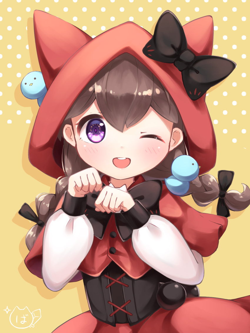1girl, ;d, battle_nuko, bird, black_bow, bow, braid, brown_hair