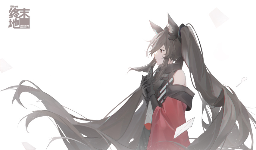 1girl, absurdres, angelina_(arknights), arknights, arknights:_endfield, bare_shoulders, black_dress, black_gloves