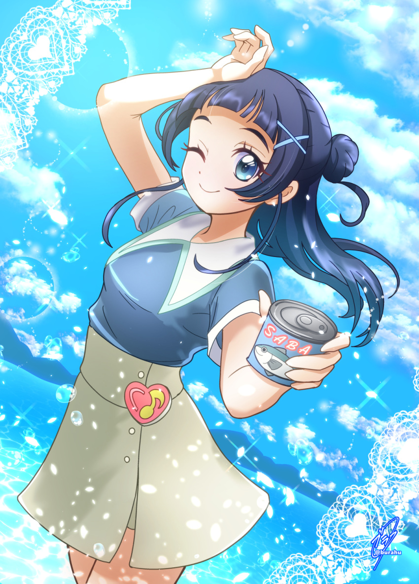1girl, aokaze_nana, arm_up, blue_eyes, blue_hair, blue_shirt, breasts, burafu_maru