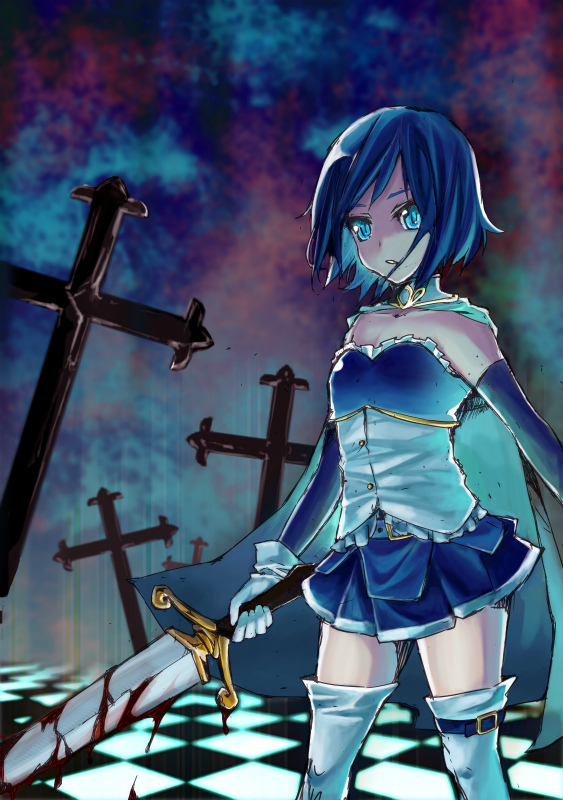 blood, blue_eyes, blue_hair, cape, checkered, checkered_floor, cross, gloves