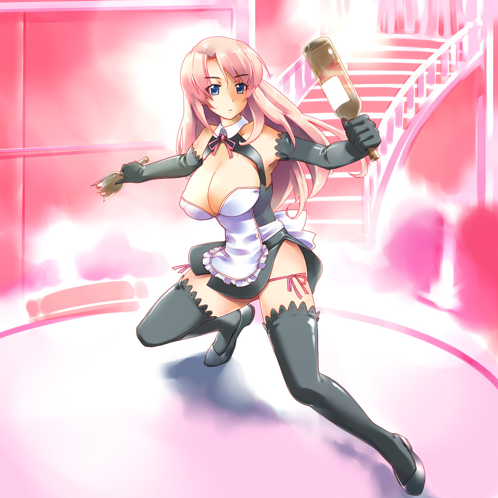 black_legwear, blue_eyes, bottle, breasts, character_request, cleavage, danchizuma, dream_c_club, fighting_stance, long_hair, pink_hair, rui_(dream_c_club), thigh-highs, thighhighs, waitress, weapon