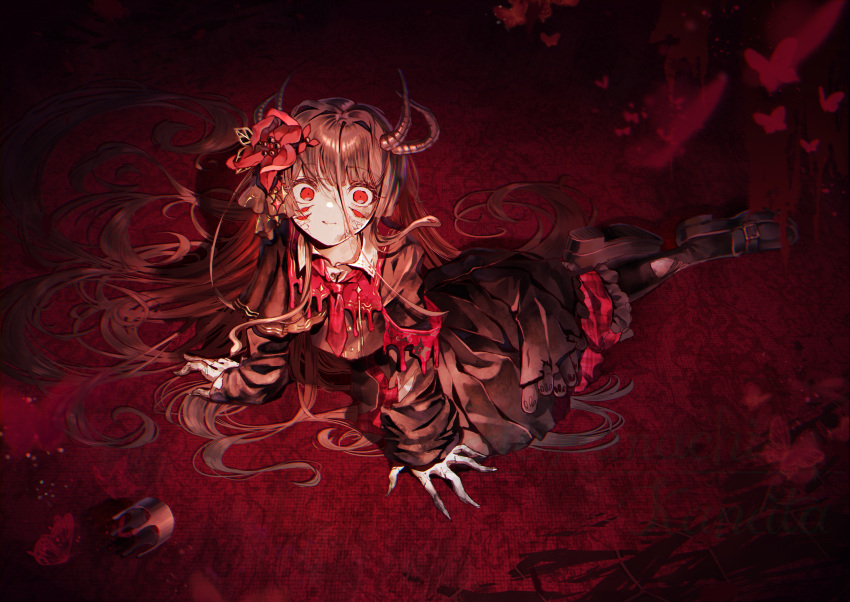 1girl, arm_support, armband, black_hair, blood, bug, butterfly, commentary_request