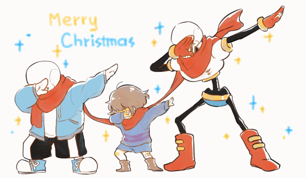 1other, 2017, 2boys, 2d, ambiguous_gender, animated, animated_gif, ankle_boots, armor, black_shorts, blue_jacket, blue_shirt, blue_shorts, boots, brothers, brown_boots, brown_hair, child, christmas, commentary, dab_(dance), digital_media, double_horizontal_stripe, english_commentary, frisk_(undertale), full-body, gloves, grey_hood, height_difference, hood, hood_down, hooded_jacket, horizontal-striped_clothes, human, humanoid, jacket, long_scarf, long_sleeves, looping_animation, male, mao2kon, merry_christmas, monster, monster_boy, multiple_boys, open_clothes, open_jacket, outstretched_arm, papyrus_(undertale), pink_slippers, pink_stripes, red_boots, red_gloves, red_scarf, sans_(undertale), scarf, shared_scarf, shirt, short_hair, shorts, siblings, simple_background, single_vertical_stripe, skeleton, slippers, socks, sparkle, standing, striped_clothes, striped_shirt, striped_shorts, teeth, text, third-party_source, trio, two-tone_shirt, undead, undertale, utdr_(toby_fox), vertical-striped_clothes, vertical-striped_shorts, white_armor, white_background, white_shirt, white_socks, white_stripes
