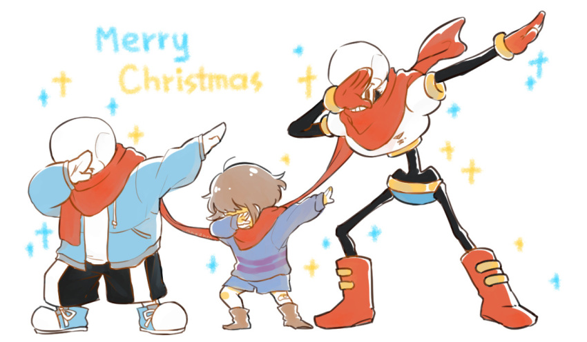 1other, 2017, 2boys, 2d, ambiguous_gender, ankle_boots, armor, black_shorts, blue_jacket, blue_shirt, blue_shorts, boots, brothers, brown_boots, brown_hair, child, christmas, commentary, dab_(dance), digital_media, double_horizontal_stripe, english_commentary, frisk_(undertale), full-body, gloves, grey_hood, height_difference, hood, hood_down, hooded_jacket, horizontal-striped_clothes, human, humanoid, jacket, long_scarf, long_sleeves, male, mao2kon, merry_christmas, monster, monster_boy, multiple_boys, open_clothes, open_jacket, outstretched_arm, papyrus_(undertale), pink_slippers, pink_stripes, red_boots, red_gloves, red_scarf, sans_(undertale), scarf, shared_scarf, shirt, short_hair, shorts, siblings, simple_background, single_vertical_stripe, skeleton, slippers, socks, sparkle, standing, striped_clothes, striped_shirt, striped_shorts, teeth, text, third-party_source, trio, two-tone_shirt, undead, undertale, utdr_(toby_fox), vertical-striped_clothes, vertical-striped_shorts, white_armor, white_background, white_shirt, white_socks, white_stripes