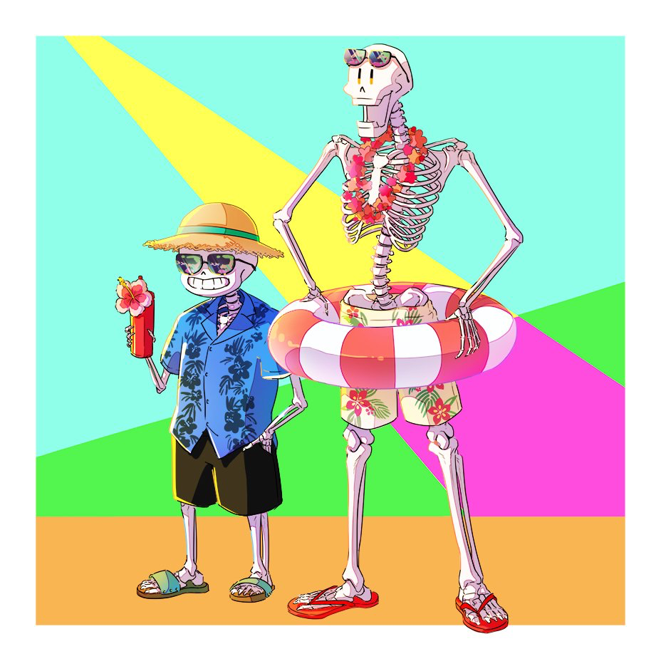 1:1, 2020, 2boys, 2d, black_shorts, blue_shirt, brothers, collared_shirt, cup, digital_media, drink, eyewear_on_head, floral_print, flower, full_body, hat, height_difference, holding, holding_cup, holding_drink, hollow_eyes, humanoid, innertube, male, medibang_paint_(medium), monster, monster_boy, multiple_boys, papyrus_(undertale), pink_flower, print_shirt, print_shorts, ribs, sans_(undertale), shirt, shorts, siblings, side-by-side, skeleton, spine, standing, sunglasses, swim_ring, teeth, topless, topless_male, undead, undertale, utdr_(toby_fox), wakuwaku, wreath, yellow_shorts