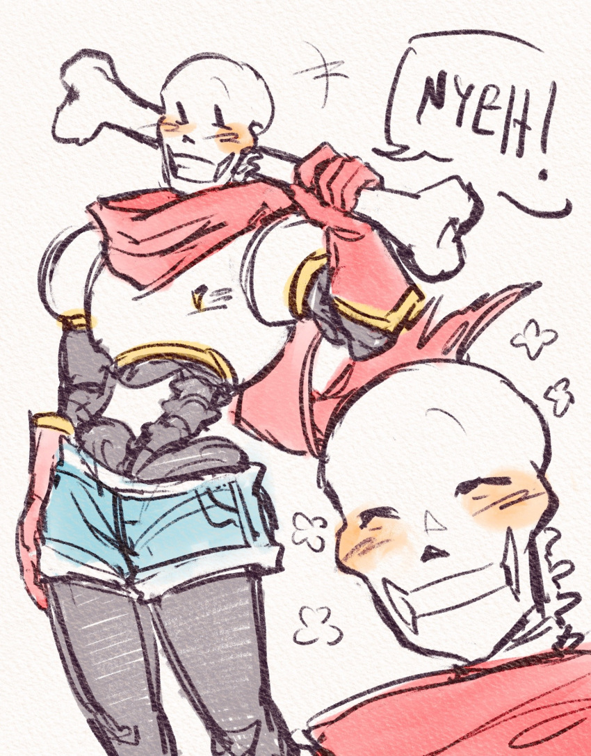 1boy, 2025, 2d, arm_at_side, armor, blue_shorts, bone, cape