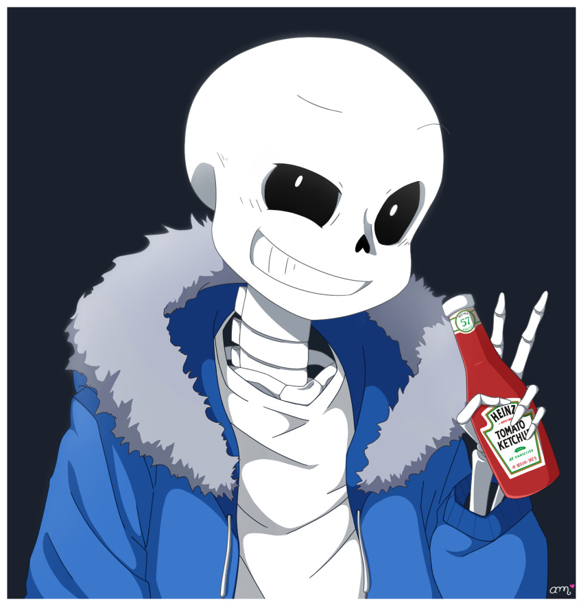 1boy, 2017, 2d, aideemargarita, animification, bilingual_commentary, blue_background, blue_jacket, border, bottle, commentary, dark_background, digital_media, english_commentary, fur-trimmed_jacket, fur_trim, grey_fur, heinz, highres, holding, holding_bottle, hollow_eyes, humanoid, jacket, ketchup_bottle, long_sleeves, looking_at_viewer, male, male_focus, male_only, mixed-language_commentary, monster, monster_boy, open_clothes, open_jacket, sans_(undertale), shirt, simple_background, skeleton, solo, spanish_commentary, teeth, undead, undertale, upper_body, utdr_(toby_fox), v, white_border, white_shirt