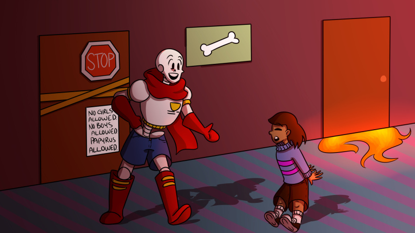 1boy, 1other, 2018, 2d, alternate_skin_color, ambiguous_gender, armor, black_shoes, blue_shorts, brown_hair, brown_shorts, child, commentary, dark-skinned_other, dark_skin, digital_media, door, double_horizontal_stripe, duo, english_commentary, floor, frisk_(undertale), full_body, gallifreyanpal, gloves, hand_on_own_hip, height_difference, horizontal-striped_clothes, human, humanoid, indoors, leaning_forward, long_sleeves, looking_at_another, male, monster, monster_boy, open_mouth, papyrus_(undertale), pink_stripes, purple_sweater, red_boots, red_gloves, red_scarf, scarf, shadow, shoes, short_hair, shorts, sign, skeleton, sneakers, socks, standing, stop_sign, striped_clothes, striped_floor, striped_sweater, sweater, teeth, two-tone_sweater, undead, undertale, utdr_(toby_fox), white_armor, white_socks