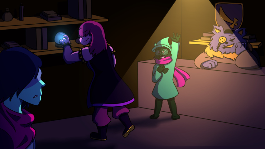 1boy, 1girl, 2019, 2d, 2others, ambiguous_gender, animal_ears, anthro, armlet, armor, armored_boots, barefoot, black_armlet, black_boots, black_fur, black_jacket, blue_hair, blue_skin, body_fur, bodysuit, book, boots, cat, cat_ears, colored_sclera, colored_skin, colored_teeth, commentary, counter, dark, dark_room, deltarune, digital_media, droopy_ears, elbow_rest, english_commentary, fangs, female, floppy_ears, full_body, furry, furry_male, gallifreyanpal, gauntlets, glasses, goat, goat_boy, green_hat, green_robe, hair_over_eyes, hat, horns, human, jacket, kris_(dark_world)_(deltarune), kris_(deltarune), lizard, lizard_girl, long_hair, long_sleeves, male, monster, monster_girl, multiple_others, orb, pants, pink_hair, pink_scarf, pink_skin, purple_fur, purple_pants, ralsei, ralsei_(hat), reptile, reptile_girl, robe, round_eyewear, scalie, scarf, sharp_teeth, shelf, shop, short_hair, sleeveless, sleeveless_jacket, slit_pupils, spiked_armlet, spotlight, standing, susie_(dark_world)_(deltarune), susie_(deltarune), teeth, utdr_(toby_fox), wizard_hat, yellow_sclera, yellow_teeth