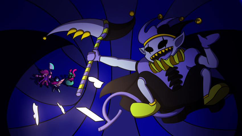 1girl, 1other, 2019, 2boys, 2d, ambiguous_gender, animal_ears, anthro, armlet, armor, armored_boots, axe, barefoot, battle, black_armlet, black_background, black_boots, black_cape, black_fur, black_hat, black_jacket, black_sclera, blue_hair, blue_skin, blue_tongue, body_fur, bodysuit, boots, cape, colored_sclera, colored_skin, colored_teeth, colored_tongue, commentary, dark, dark_background, deltarune, digital_media, droopy_ears, english_commentary, fangs, female, floppy_ears, from_above, furry, furry_male, gallifreyanpal, gauntlets, glasses, glowing, goat, goat_boy, green_hat, green_robe, green_shoes, hair_over_eyes, hat, holding, holding_axe, holding_scythe, holding_sword, holding_weapon, horns, human, humanoid, imp, jacket, jester, jester_cap, jester_costume, jevil, kris_(dark_world)_(deltarune), kris_(deltarune), lizard, lizard_girl, lizard_tail, long_hair, long_sleeves, male, monster, monster_girl, multiple_boys, neck_ruff, pants, pink_hair, pink_scarf, pink_skin, pointy_ears, purple_hat, purple_pants, ralsei, ralsei_(hat), reptile, reptile_girl, reptile_tail, robe, round_eyewear, scalie, scarf, scythe, sharp_teeth, shoes, short_hair, simple_background, sleeveless, sleeveless_jacket, slit_pupils, solo_focus, spiked_armlet, susie_(dark_world)_(deltarune), susie_(deltarune), sword, tail, teeth, tongue, tongue_out, two-tone_hat, utdr_(toby_fox), weapon, wizard_hat, yellow_sclera, yellow_teeth