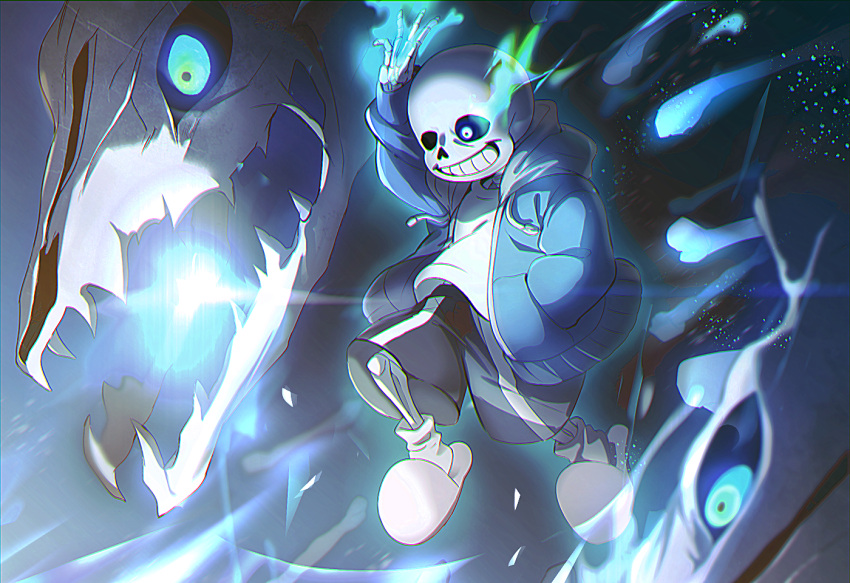 1boy, 2019, 2d, arm_up, battle, black_shorts, blue_eye, blue_jacket