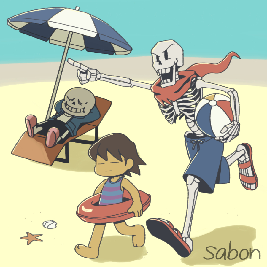 1other, 2023, 2boys, 2d, alternate_costume, ambiguous_gender, aqua_background, arms_behind_head, artist_name, barefoot, beach, beach_ball, beach_umbrella, black_shorts, blue_jacket, blue_shorts, blue_swimsuit, brothers, brown_hair, child, closed_eyes, commentary, digital_media, drawstring, frisk_(undertale), grey_hood, height_difference, holding, holding_ball, hood, hood_down, hooded_jacket, horizontal-striped_clothes, human, humanoid, innertube, jacket, long_sleeves, lying, male, monster, monster_boy, multiple_boys, on_back, open_clothes, open_jacket, outdoors, papyrus_(undertale), pink_slippers, pink_stripes, red_sandals, red_scarf, ribs, running, sabon_t, sand, sandals, sans_(undertale), scarf, shadow, shell, shirt, short_hair, shorts, siblings, simple_background, single_vertical_stripe, skeleton, slippers, spine, starfish, striped_clothes, striped_shorts, striped_swimsuit, summer, swim_ring, teeth, topless, topless_male, trio, two-tone_swimsuit, umbrella, undead, undertale, utdr_(toby_fox), variant_set, vertical-striped_clothes, vertical-striped_shorts, white_shirt, white_socks, white_stripes
