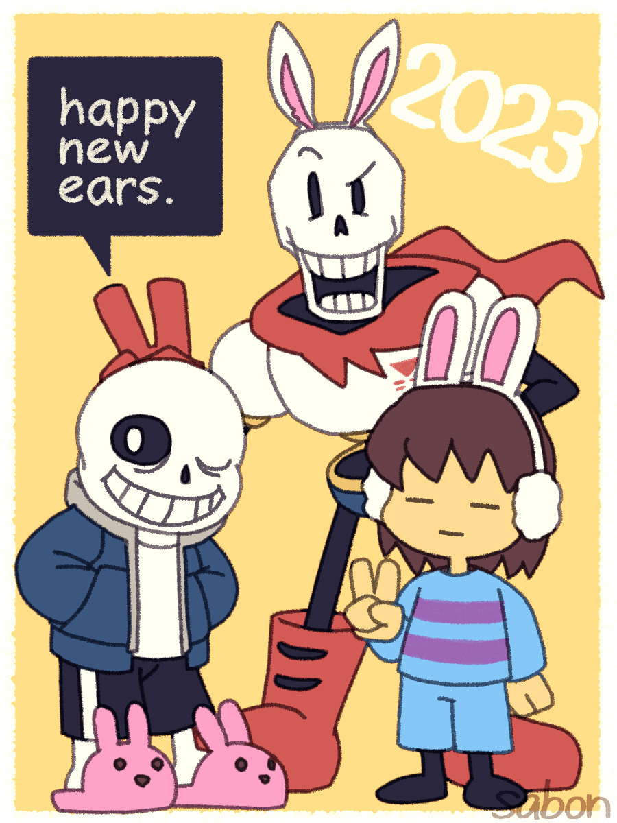 1other, 2023, 2boys, 2d, =_=, ambiguous_gender, animal_ear_hairband, animal_ears, animal_slippers, armor, artist_name, black_boots, black_shorts, blue_jacket, blue_shirt, blue_shorts, boots, border, brothers, brown_hair, bunny_ears_prank, child, commentary, digital_media, double_horizontal_stripe, earmuffs, fake_animal_ears, frisk_(undertale), gloves, grey_hood, hairband, happy_new_year, height_difference, hood, hood_down, hooded_jacket, horizontal-striped_clothes, human, humanoid, jacket, long_sleeves, male, monster, monster_boy, multiple_boys, new_year, one_eye_closed, open_clothes, open_jacket, papyrus_(undertale), pink_slippers, pink_stripes, pun, rabbit_ears, rabbit_slippers, red_boots, red_gloves, red_scarf, sabon_t, sans_(undertale), scarf, shirt, short_hair, shorts, siblings, simple_background, single_vertical_stripe, skeleton, slippers, socks, striped_clothes, striped_shirt, striped_shorts, teeth, trio, two-tone_shirt, undead, undertale, utdr_(toby_fox), v, vertical-striped_clothes, vertical-striped_shorts, white_armor, white_border, white_shirt, white_socks, white_stripes, year_of_the_rabbit, yellow_background