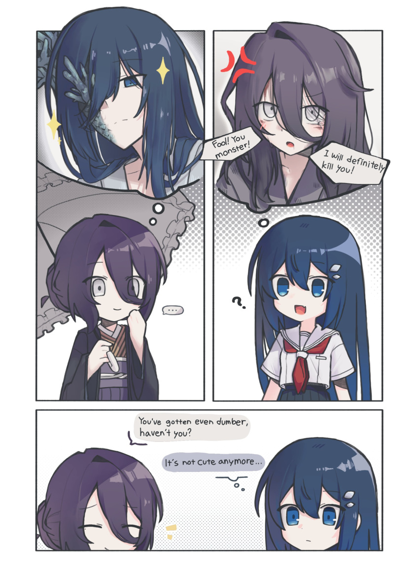 2girls, absurdres, anger_vein, azami_(watatabe), blue_eyes, blue_hair, commentary_request, english_commentary