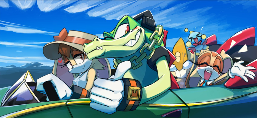 blue_sky, car, chao_(sonic), cheese_(sonic), cream_the_rabbit, crocodile_boy, crocodilian, driving