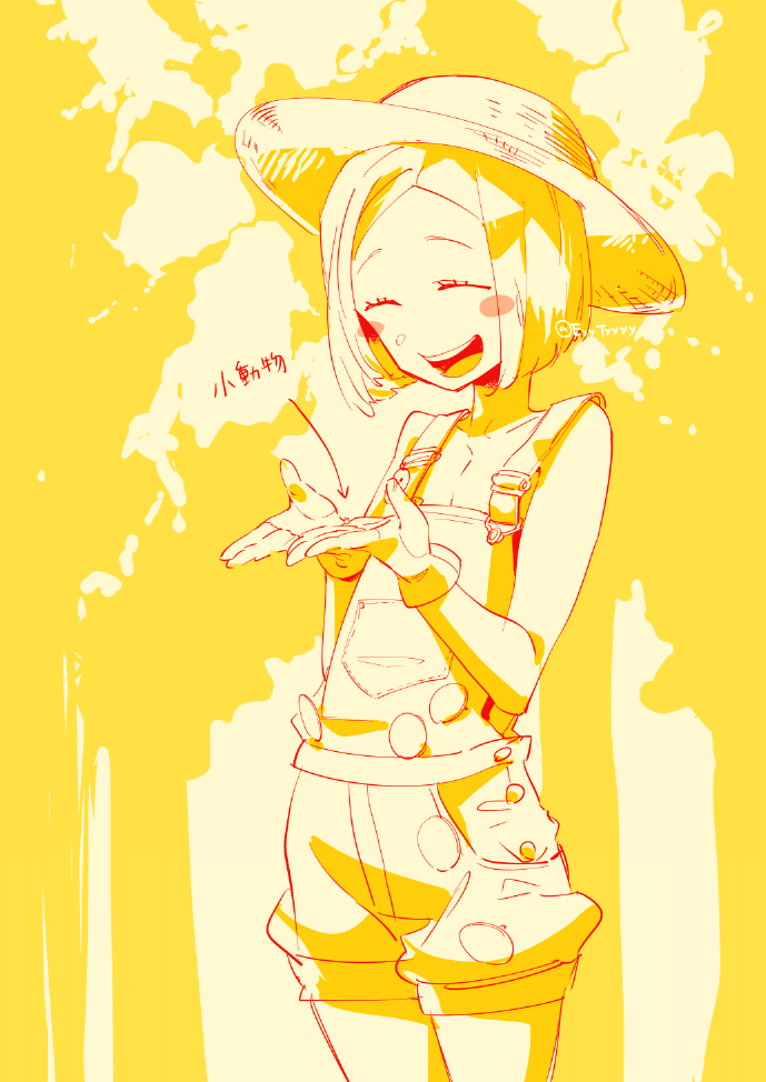 1girl, blush_stickers, closed_eyes, commentary_request, cowboy_shot, eyelashes, fate/grand_order, fate_(series), gloves, happy, hat, kokujin_youhei, monochrome, open_mouth, overalls, paul_bunyan_(fate), paul_bunyan_(third_ascension)_(fate), short_hair, solo, translation_request, yellow_theme