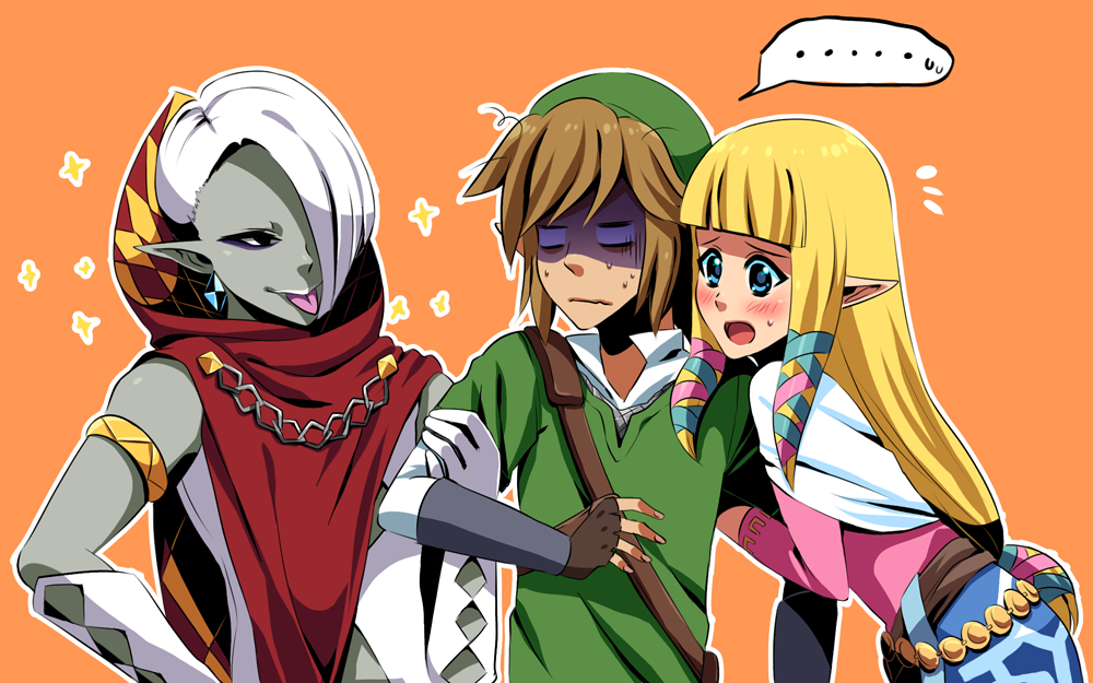 1girl, 2boys, blonde_hair, blue_eyes, blush, earrings, female, ghirahim