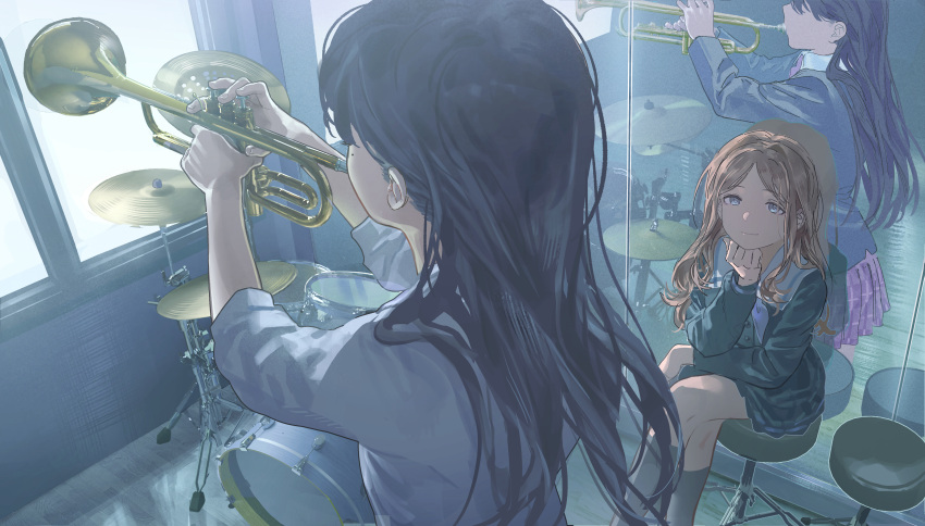 2girls, absurdres, bang_dream!, bang_dream!_it's_mygo!!!!!, black_hair, black_jacket, blue_shirt, blue_skirt, commentary_request, commission, crossed_legs, different_reflection, drum, drum_set, haneoka_school_uniform, highres, instrument, jacket, long_hair, long_sleeves, luyangliu, mole, mole_under_eye, multiple_girls, nagasaki_soyo, playing_trumpet, purple_skirt, reflection, school_uniform, second-party_source, shiina_taki, shirt, sitting, skirt, standing, three-quarter_sleeves, tsukinomori_school_uniform, white_jacket