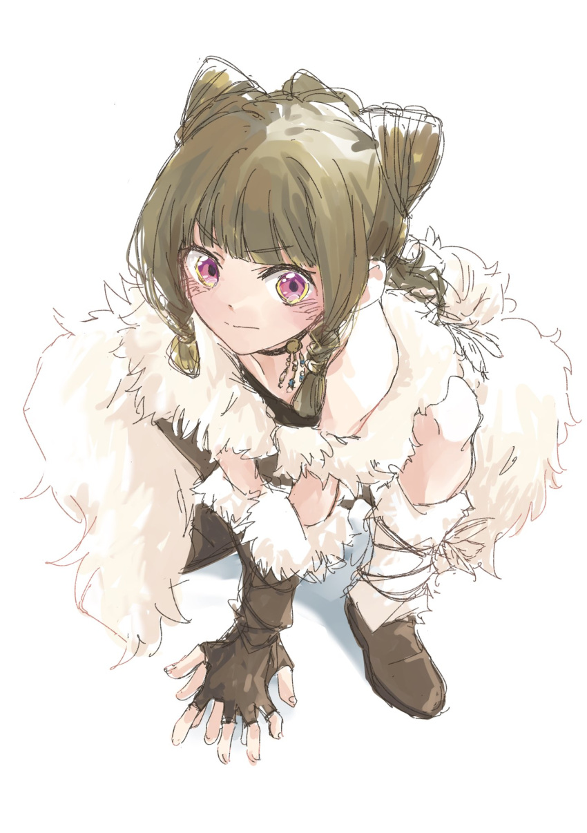1girl, all_fours, bare_shoulders, boots, braid, braided_sidelocks, brown_boots, brown_gloves