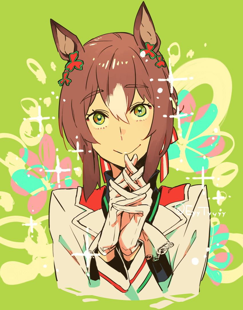 1girl, animal_ears, brown_hair, closed_mouth, commentary_request, eyelashes, fine_motion_(umamusume), gloves