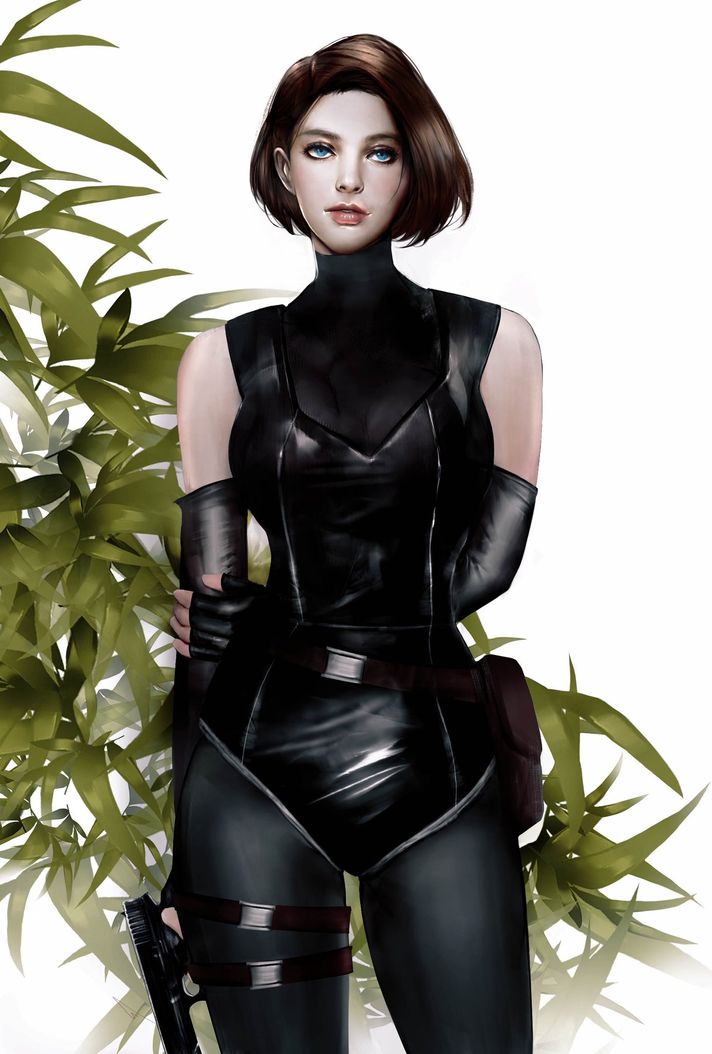 1girl, black_gloves, black_hair, black_leotard, bodysuit, breasts, cosplay, dino_crisis, elbow_gloves, english_commentary, fingerless_gloves, gloves, gun, highres, holding, holding_gun, holding_weapon, jill_valentine, leotard, lips, looking_at_viewer, momokulala, official_alternate_costume, regina_(dino_crisis), resident_evil, resident_evil_3:_nemesis, short_hair, skin_tight, solo, weapon