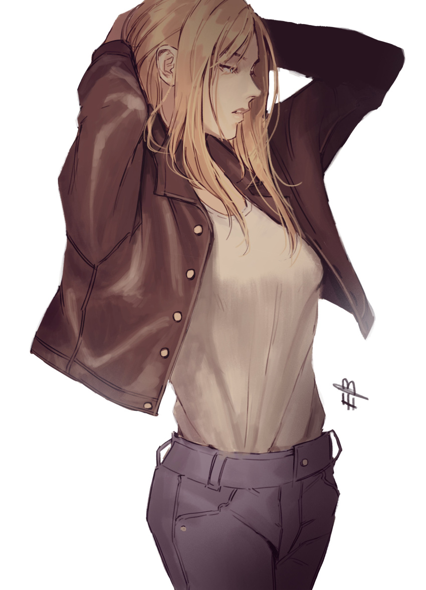 1girl, absurdres, aya_brea, blonde_hair, denim, english_commentary, ericson_blum, highres