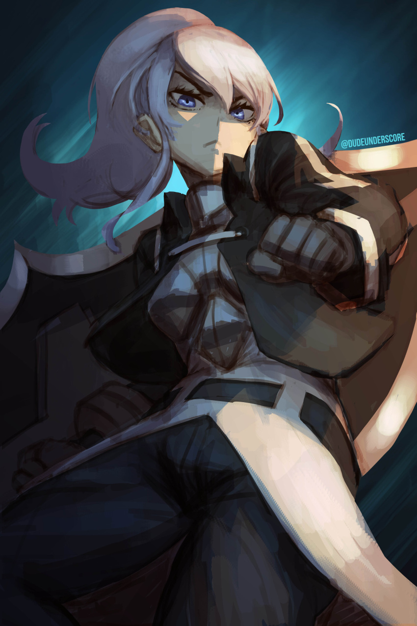 1girl, absurdres, angry, artist_name, black_coat, blue_eyes, breasts, clenched_hands