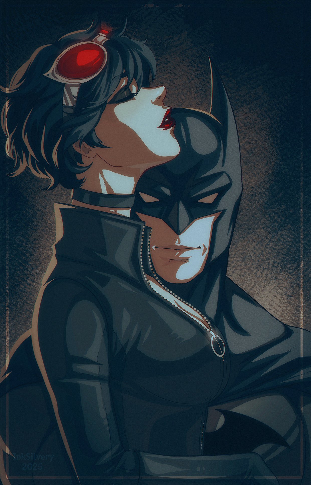 1boy, 1girl, batman, batman_(series), black_bodysuit, black_hair, bodysuit, catwoman