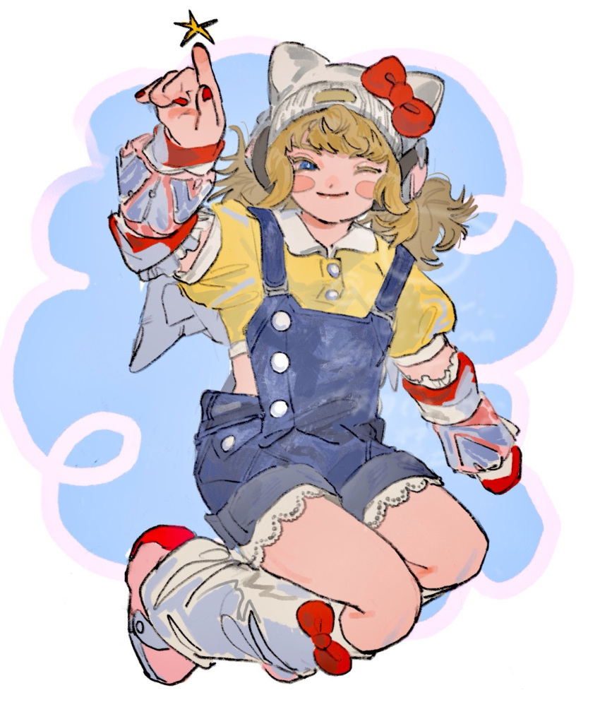 1girl, animal_hat, arm_warmers, beanie, blonde_hair, blue_eyes, blue_overalls, blush_stickers