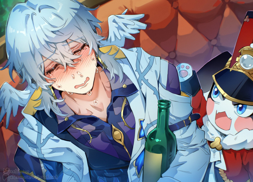 1boy, 1other, angry, beetle_bun, blue_eyes, bottle, closed_eyes, closed_mouth, collarbone, couch, crying, hair_between_eyes, hat, head_wings, highres, honkai:_star_rail, honkai_(series), long_sleeves, male_focus, on_couch, open_mouth, pom-pom_(honkai:_star_rail), sitting, snot, sunday_(honkai:_star_rail), upper_body, wine_bottle, wings