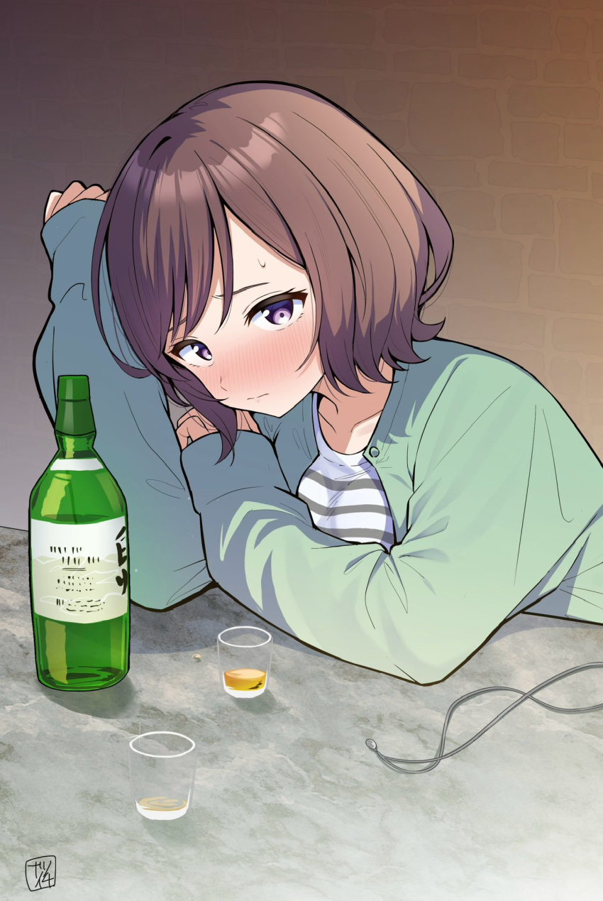 1girl, akagi_natsuichi, alcohol, blush, bottle, brick_wall, brown_hair, cardigan