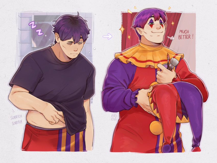 1boy, arrow_(symbol), bags_under_eyes, before_and_after, black_roots, clothes_lift, english_commentary, english_text