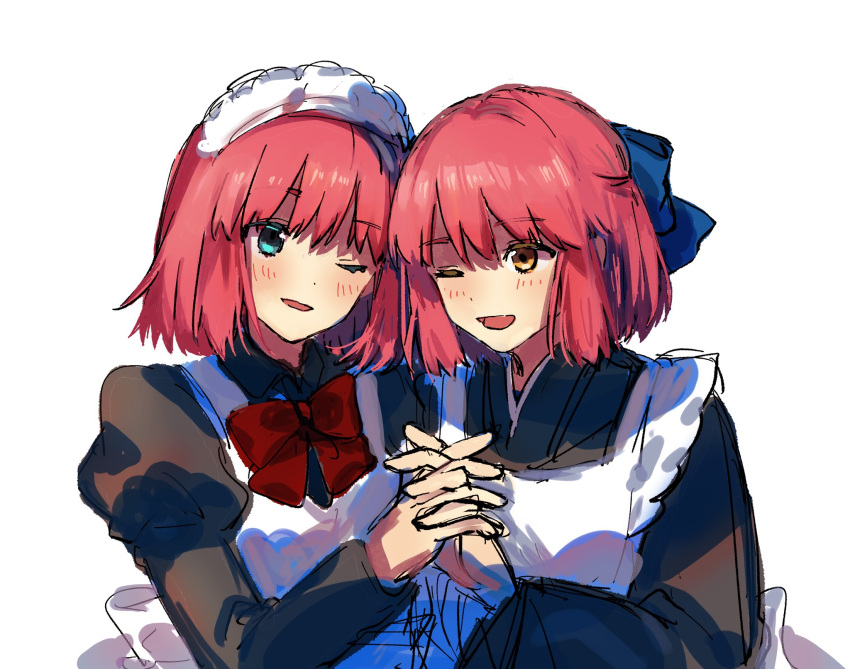 2girls, apron, black_dress, black_kimono, blue_bow, blue_eyes, blush, bow