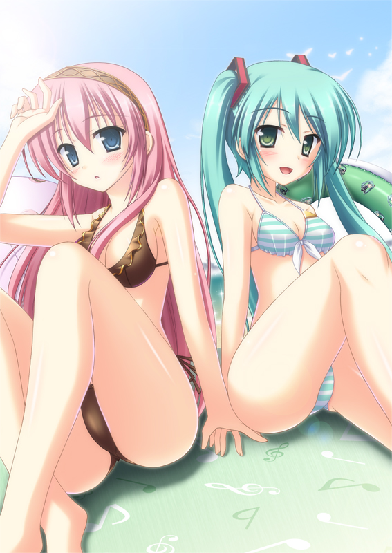 2girls, bikini, blue_eyes, blush, breasts, cleavage, frilled_bikini, frills